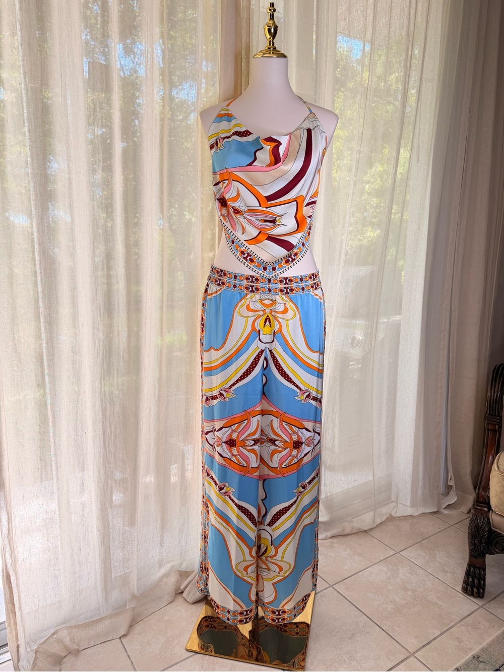 Rachel Zoe Scarf Print Cutout Halter Wide Leg Jumpsuit Resort Vacation Size M